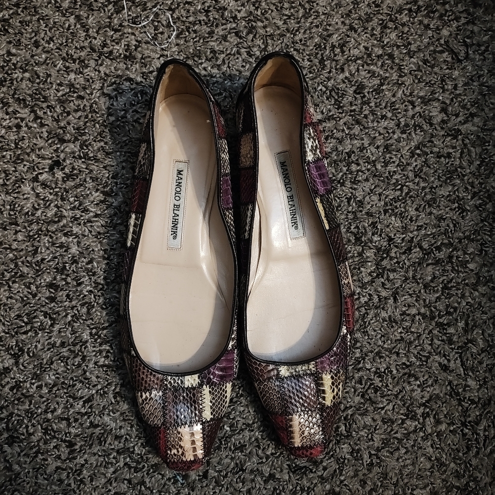 Manolo Blahnik Leather Snake Skin Patchwork Flats